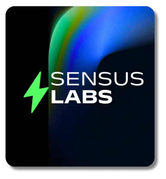 Sensus Labs logo with green lightning bolt on a dark gradient background