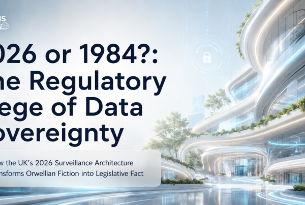 Sensus InVista article cover titled “2026 or 1984?: The Regulatory Siege of Data Sovereignty”, set against a bright futuristic city with curved glass architecture, greenery and blue digital security accents.