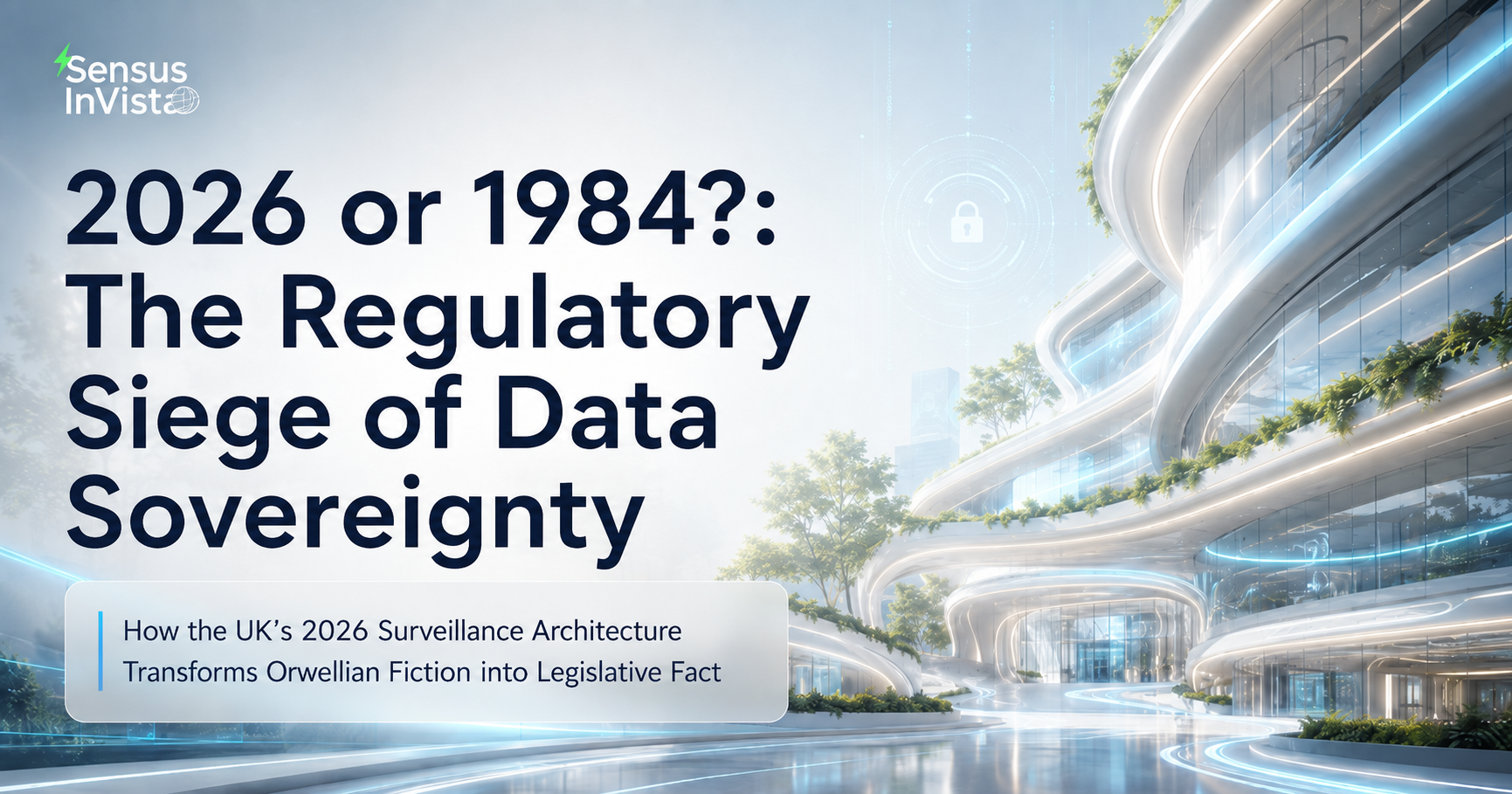 Sensus InVista article cover titled “2026 or 1984?: The Regulatory Siege of Data Sovereignty”, set against a bright futuristic city with curved glass architecture, greenery and blue digital security accents.