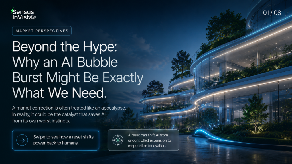 Sensus InVista banner titled “Beyond the Hype”, showing a futuristic glass campus at dusk and framing an AI bubble burst as a potential reset.
