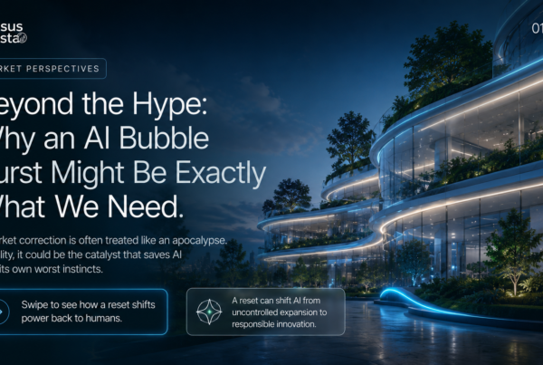 Sensus InVista banner titled “Beyond the Hype”, showing a futuristic glass campus at dusk and framing an AI bubble burst as a potential reset.