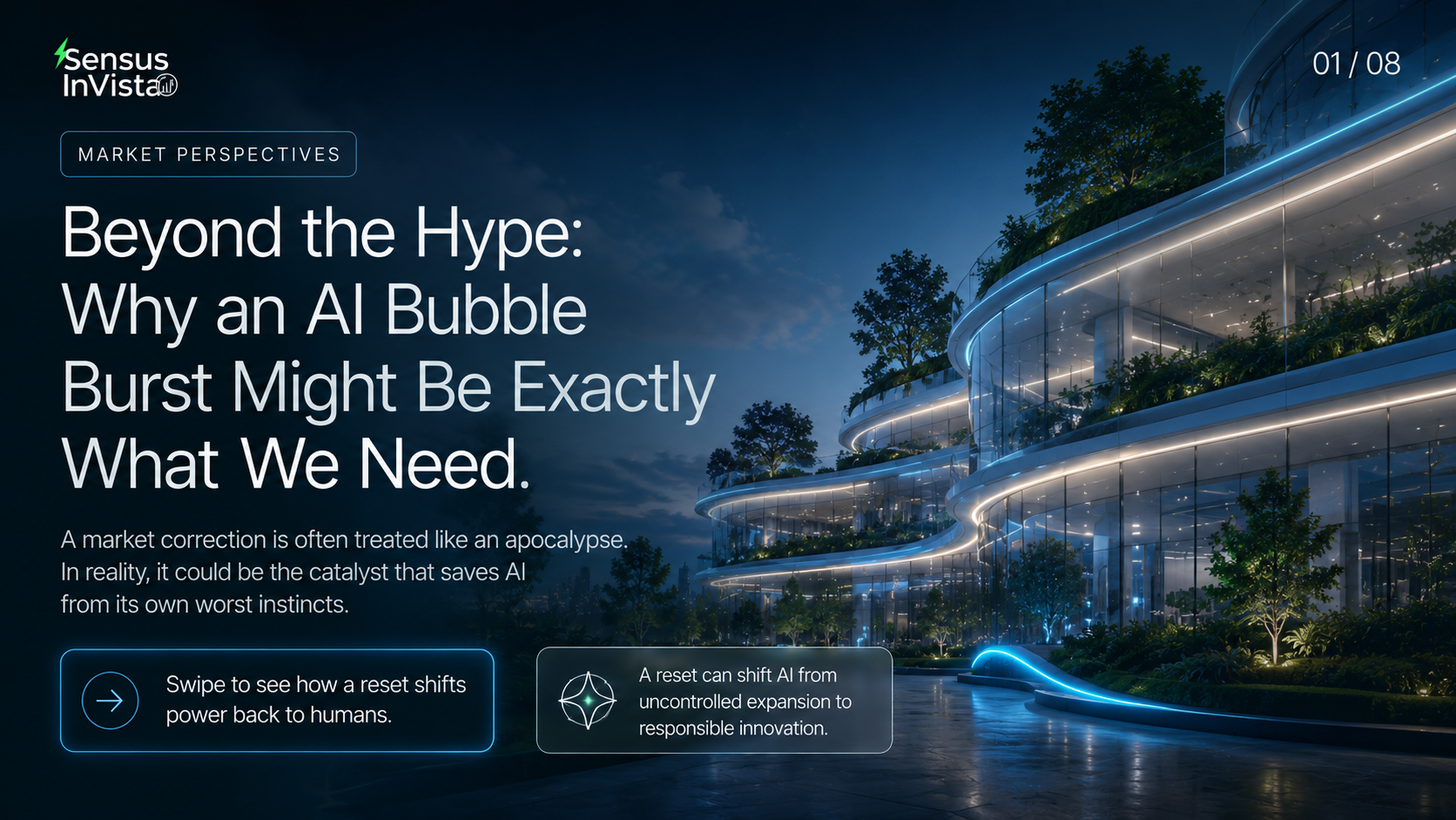 Sensus InVista banner titled “Beyond the Hype”, showing a futuristic glass campus at dusk and framing an AI bubble burst as a potential reset.