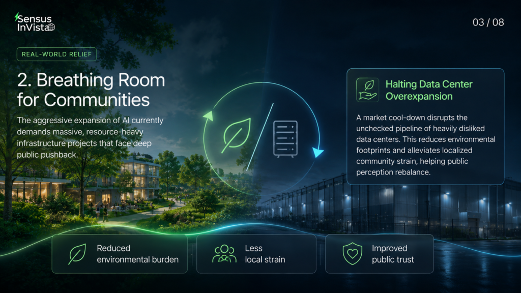 Sensus InVista banner showing community green space contrasted with data-centre infrastructure, titled “Breathing Room for Communities”.