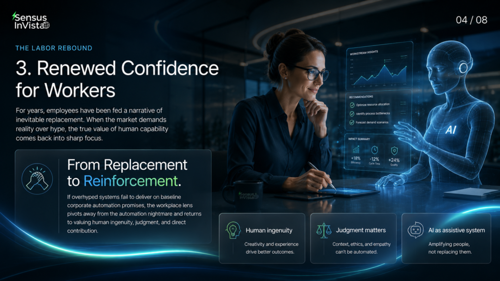 Sensus InVista banner showing a worker collaborating with a holographic AI assistant, titled “Renewed Confidence for Workers”.