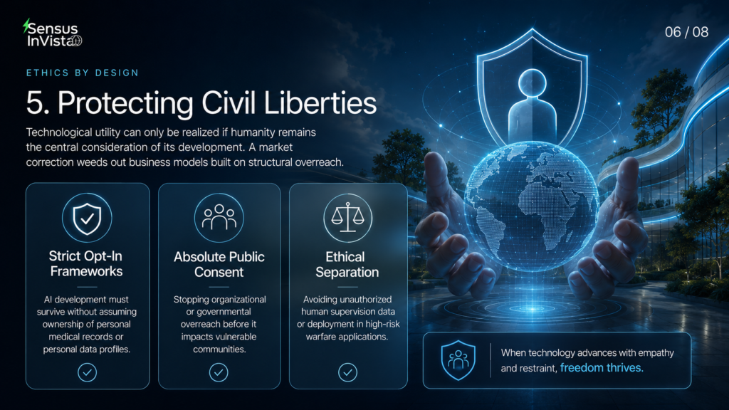 Sensus InVista banner with a glowing shield, human icon and globe, titled “Protecting Civil Liberties”.