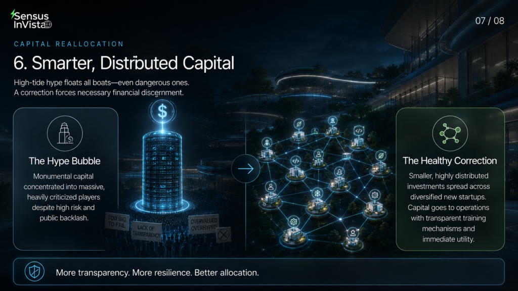 Sensus InVista banner showing capital moving from one large hype bubble into a distributed network of smaller AI startups.