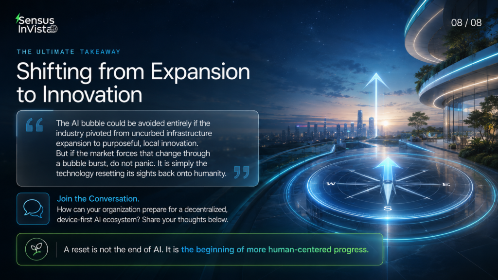 Sensus InVista closing banner titled “Shifting from Expansion to Innovation”, showing a glowing compass over a futuristic city.