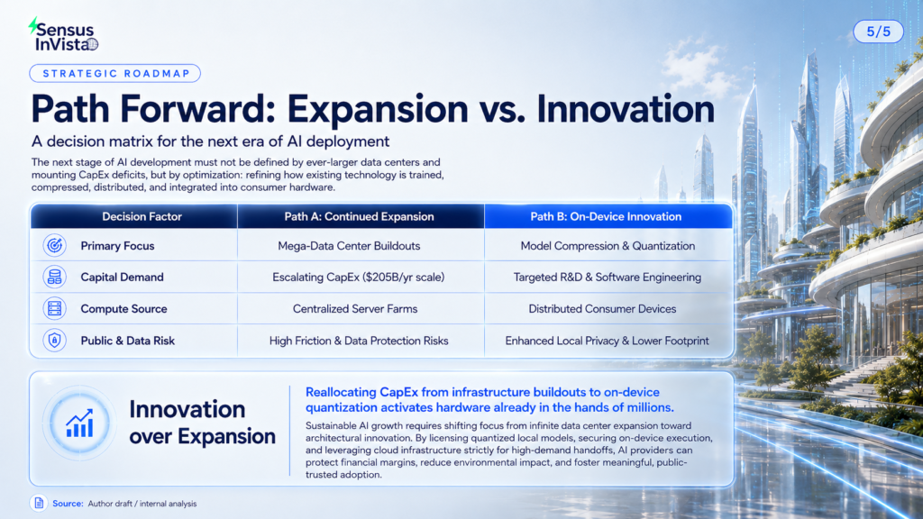 Sensus InVista comparison matrix contrasting continued AI data-centre expansion with on-device innovation across capital demand, compute source, model strategy and data risk.