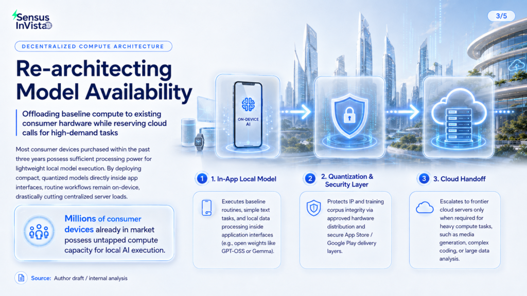 Three-stage Sensus InVista diagram showing an on-device AI model, a quantisation and security layer, and selective cloud handoff for computationally demanding tasks.