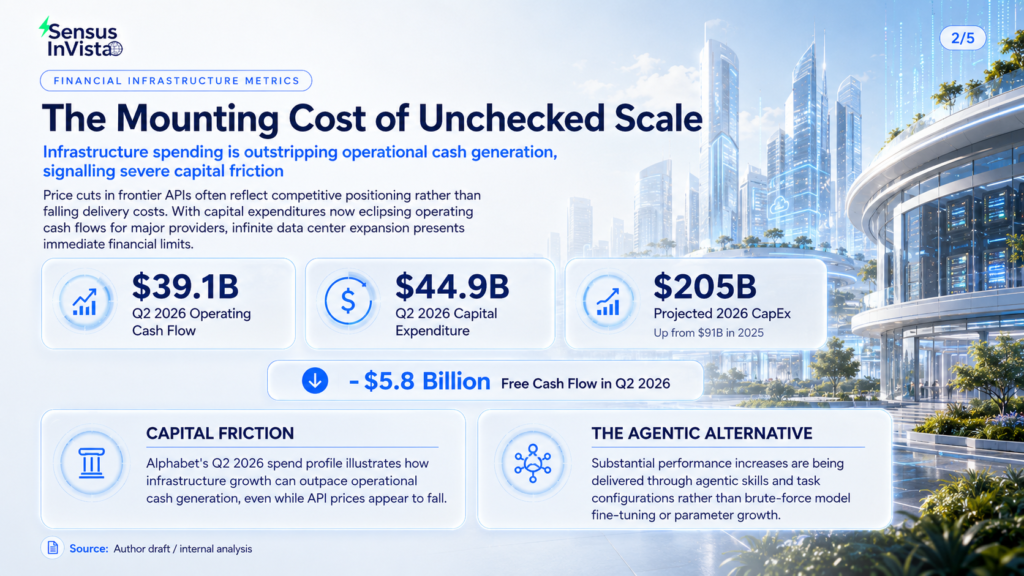 Sensus InVista infographic showing Alphabet Q2 2026 operating cash flow of $39.1B, $44.9B in capital expenditure, projected 2026 CapEx of up to $205B, and negative $5.8B free cash flow.