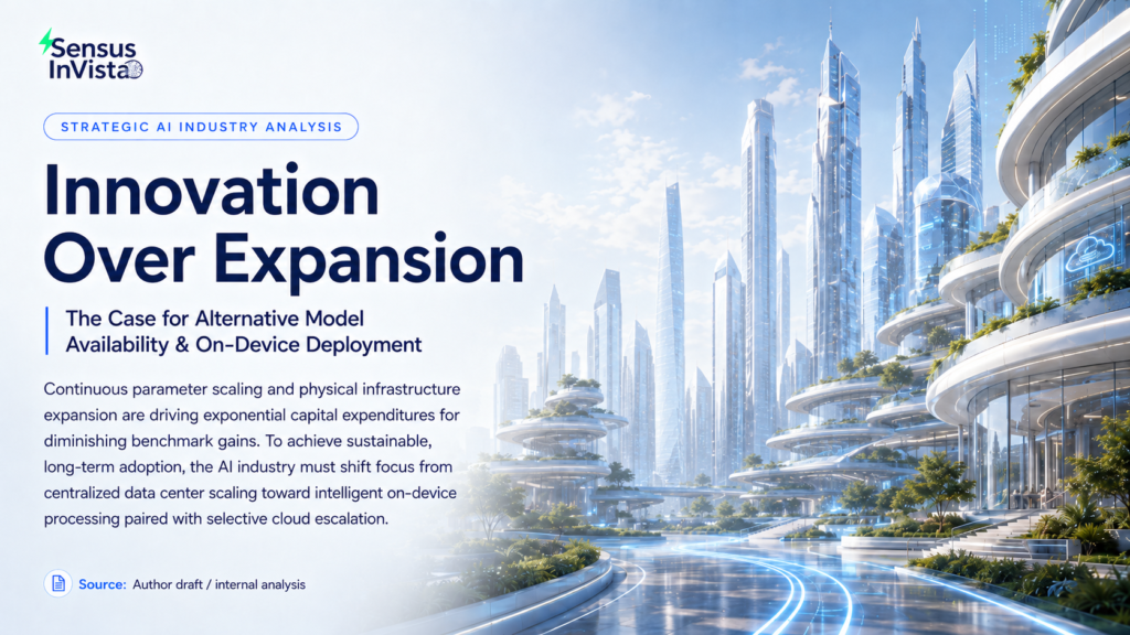 Sensus InVista infographic titled “Innovation Over Expansion”, introducing the case for alternative AI model availability and on-device deployment against a futuristic, sustainable technology-city backdrop.
