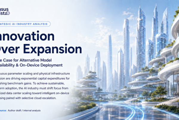 Sensus InVista infographic titled “Innovation Over Expansion”, introducing the case for alternative AI model availability and on-device deployment against a futuristic, sustainable technology-city backdrop.