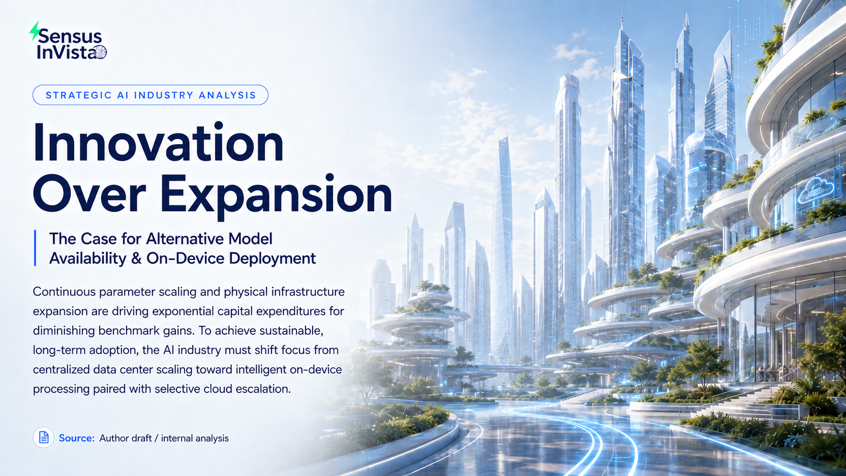 Sensus InVista infographic titled “Innovation Over Expansion”, introducing the case for alternative AI model availability and on-device deployment against a futuristic, sustainable technology-city backdrop.