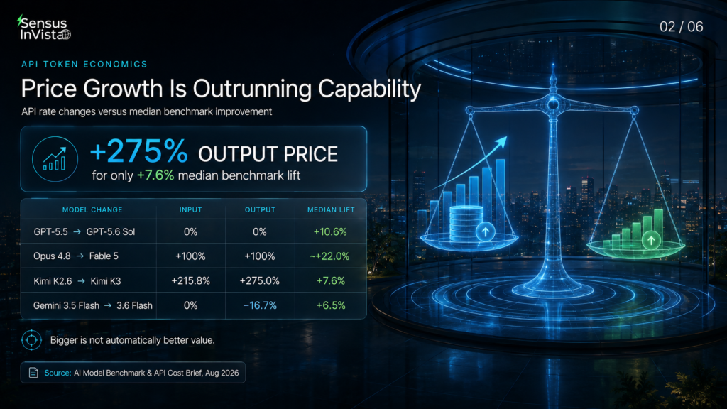 Data infographic showing that Kimi K3’s output API price increased by 275% for only a 7.6% median benchmark improvement, alongside comparisons for GPT-5.6 Sol, Fable 5 and Gemini 3.6 Flash.