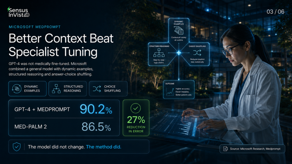Medical researcher using a holographic interface beside benchmark results showing GPT-4 with Medprompt scoring 90.2%, compared with 86.5% for the specialised Med-PaLM 2 model.