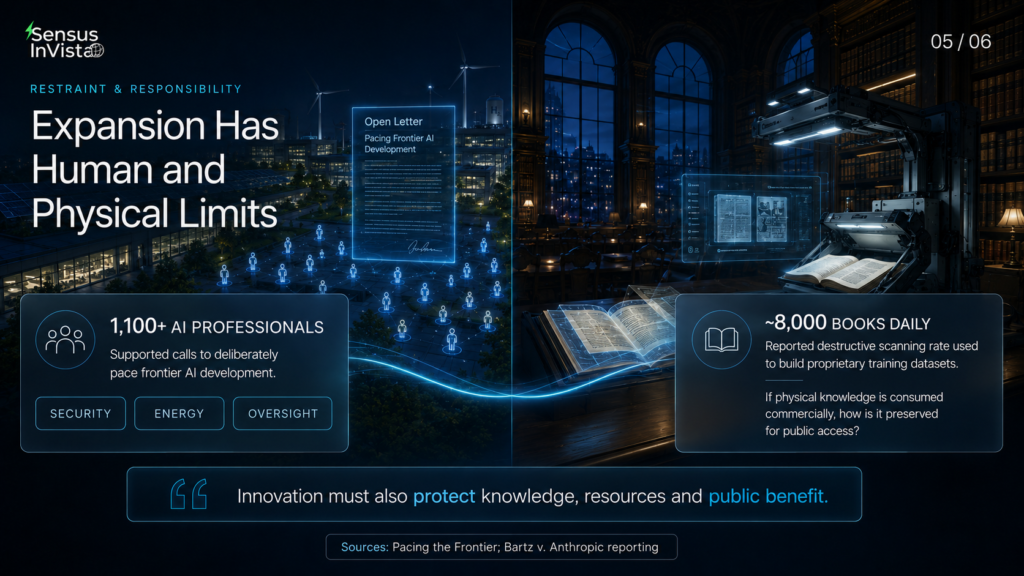 Split infographic showing more than 1,100 AI professionals supporting calls to pace frontier development and a reported destructive scanning pipeline processing approximately 8,000 books daily.
