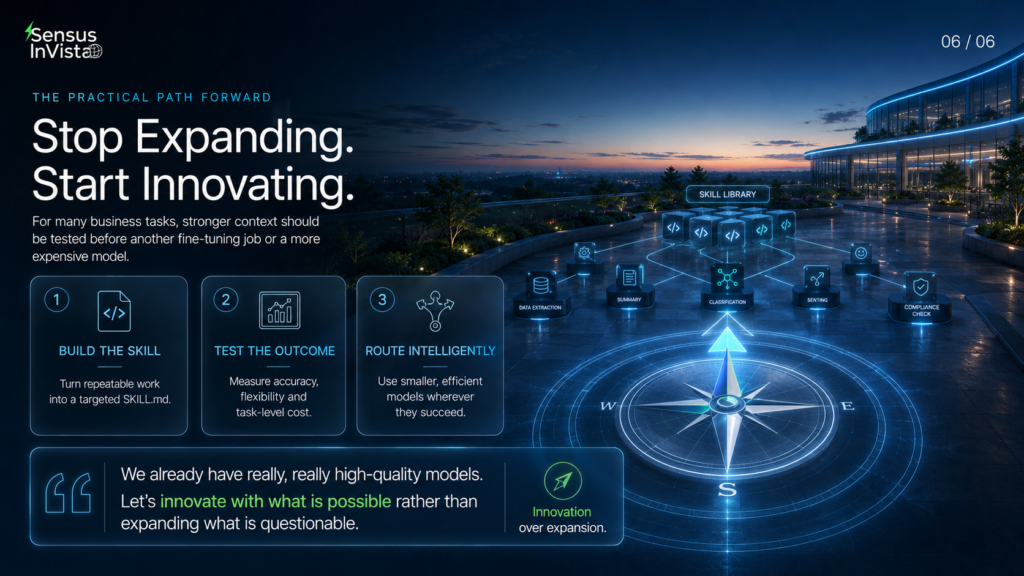 Sensus InVista closing infographic presenting three actions: build targeted skills, test outcomes and route work to smaller efficient models wherever they succeed.